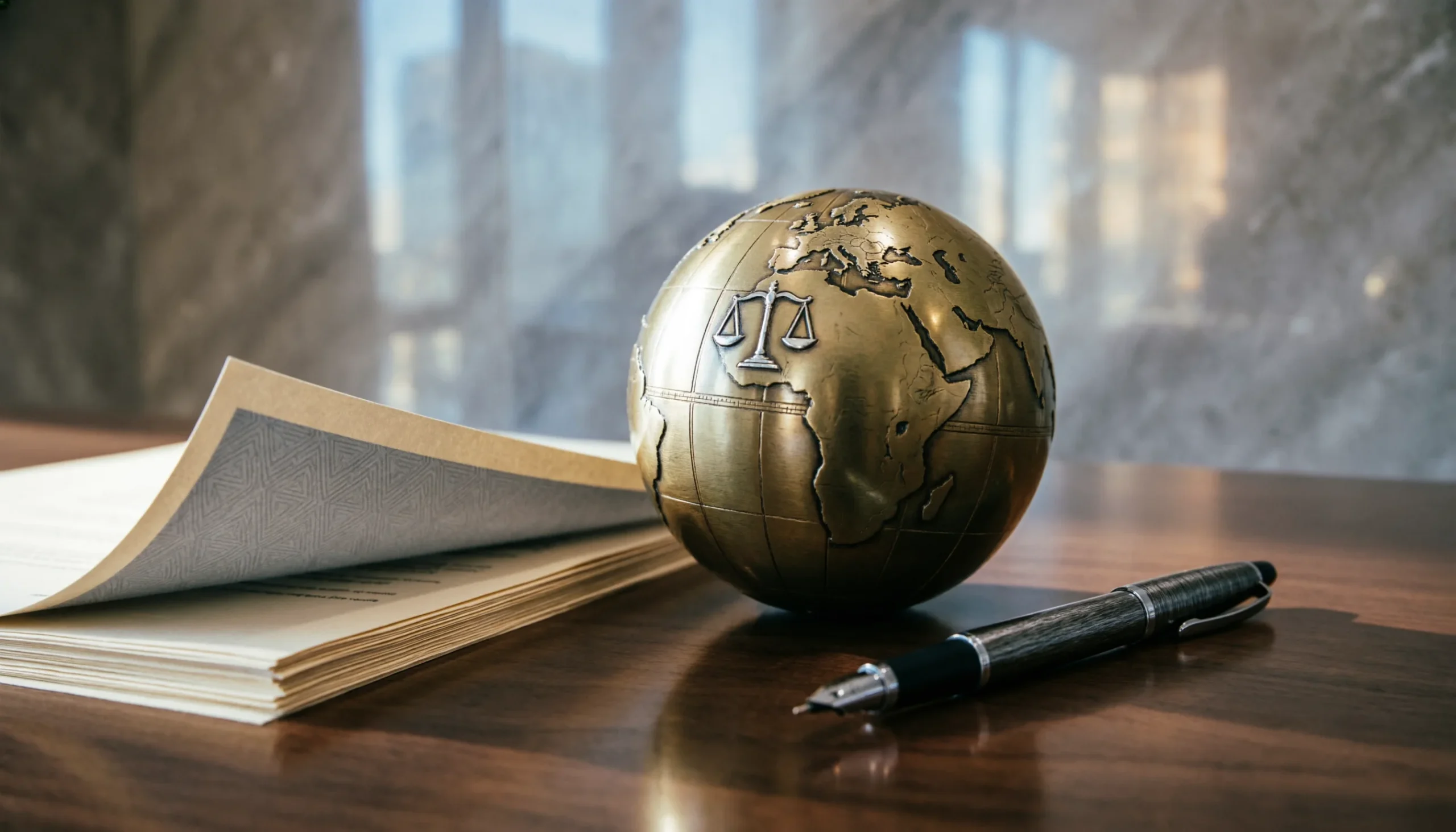 Globo terráqueo dorado con balanza de justicia grabada, documentos legales y pluma sobre escritorio de madera en oficina con ventana