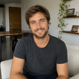 Hombre sonriente en un sofá claro, con mesa de madera, sillas negras y una enredadera cayendo de la repisa; es cliente del Estudio Sánchez Ferré, donde pidió orientación para un conflicto con su propiedad.