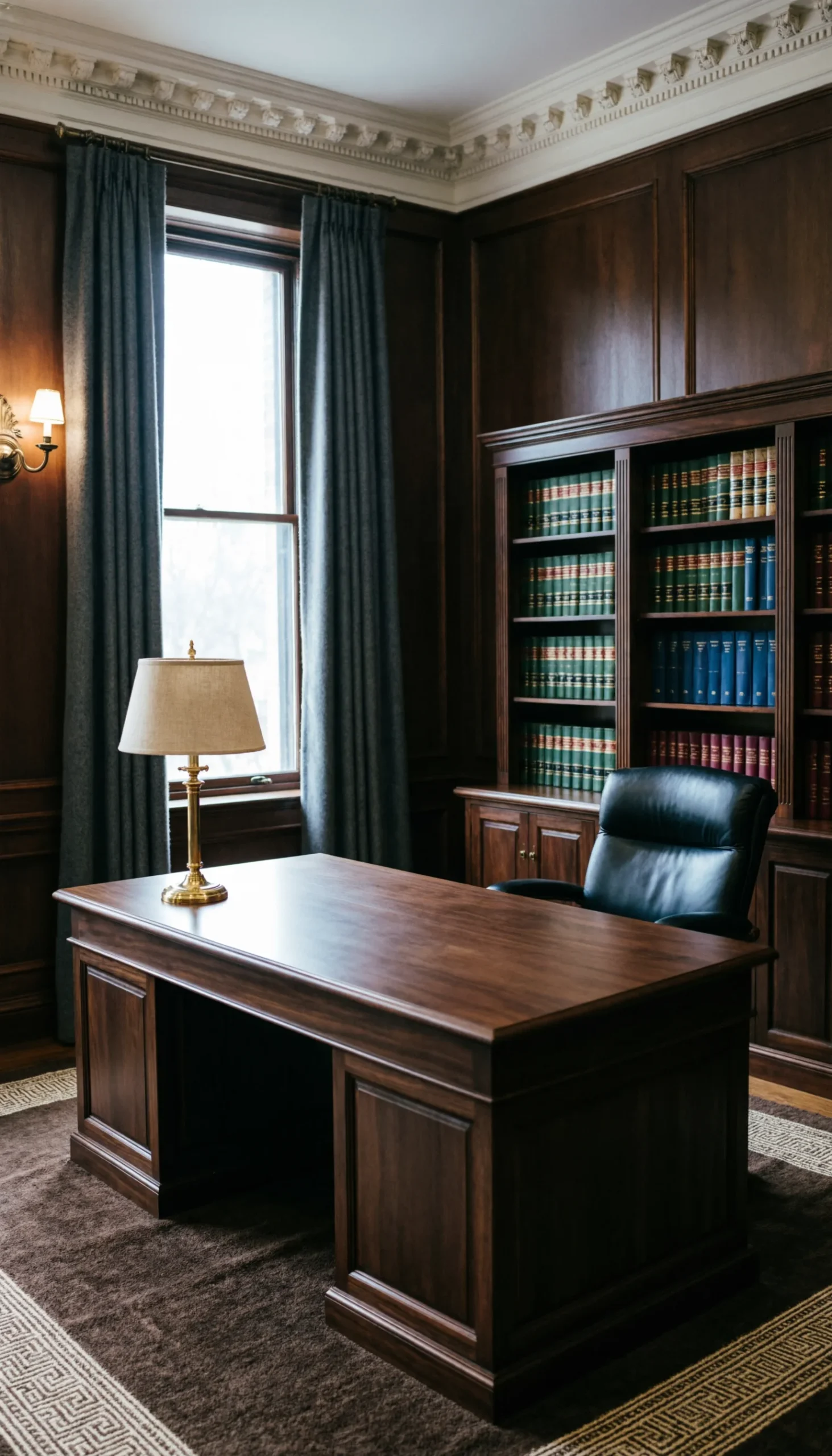 Oficina de abogados tradicional con escritorio de madera oscura, silla de cuero, lámpara y estanterías repletas de libros jurídicos
