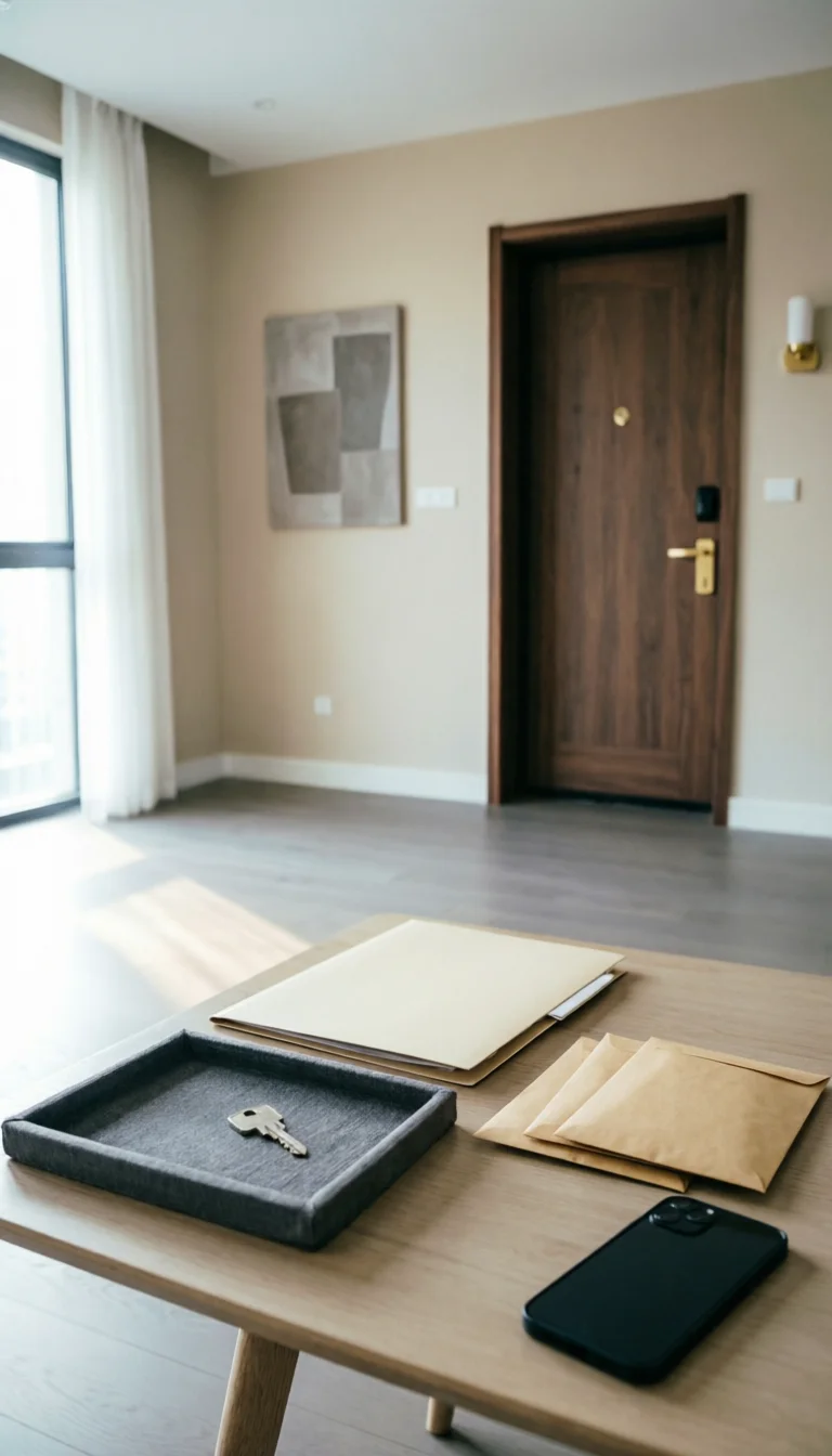 Mesa de madera con bandeja gris con llaves, carpetas beige, sobres marrones y celular negro en espacio con puerta de madera, paredes color crema, ventana con cortinas blancas y cuadro abstracto