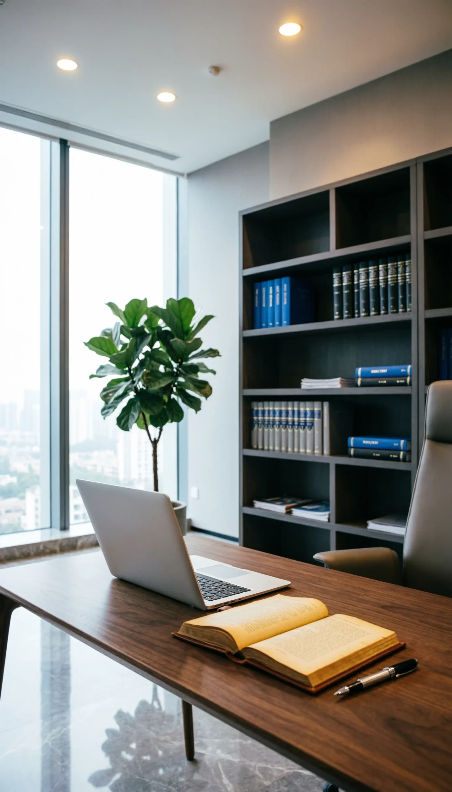 Despacho luminoso en Estudio Sanchez Ferre con vista panorámica, biblioteca jurídica y espacio de trabajo digital - consultores en delitos tecnológicos y privacidad online