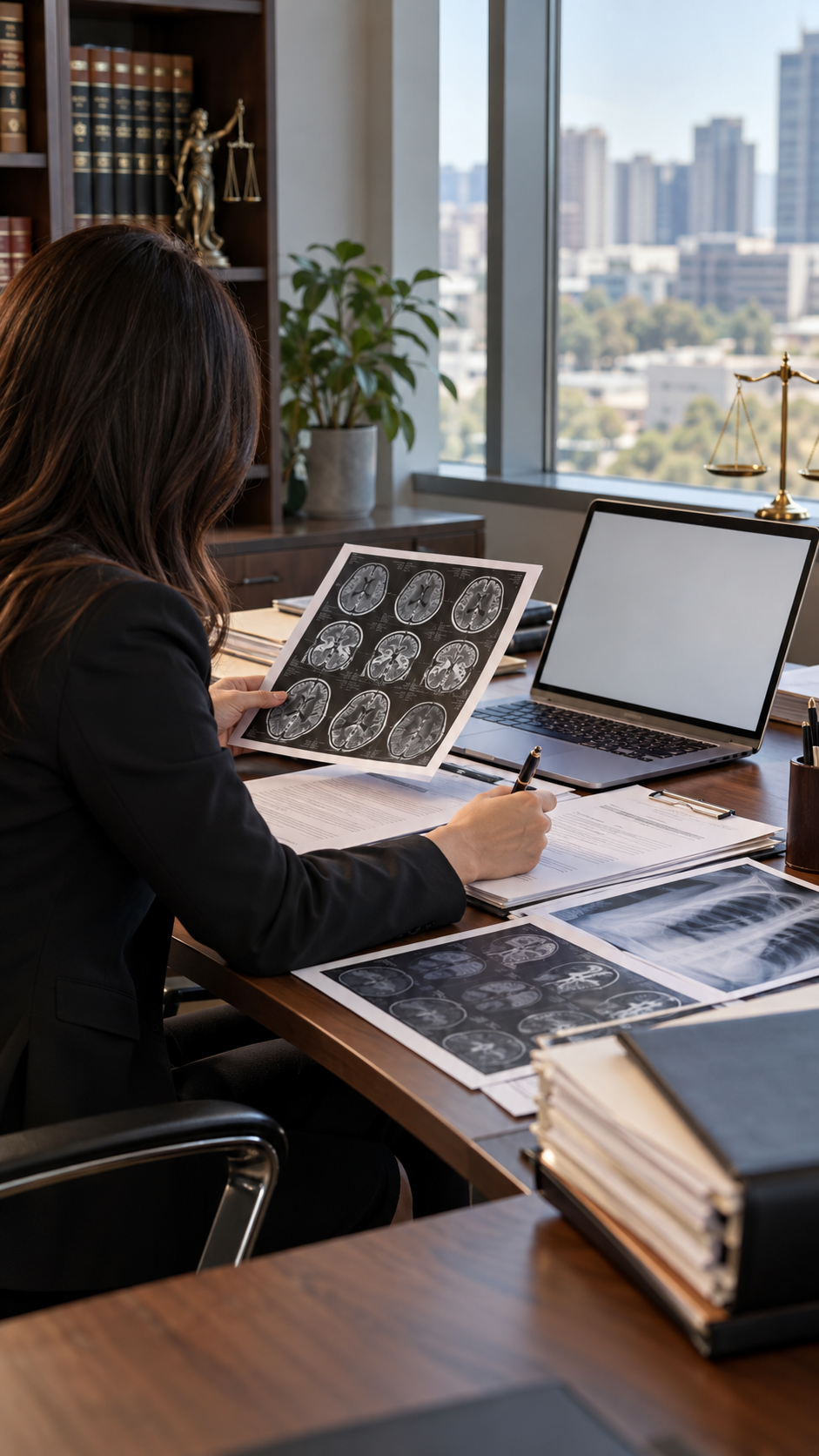 Profesional revisando estudios por imágenes y documentación clínica en una oficina jurídica durante una consulta con un abogado especialista en derecho médico en CABA.