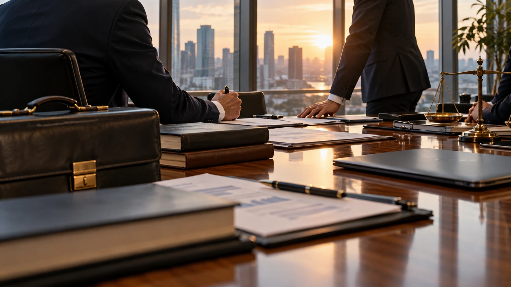 Profesionales reunidos en una oficina jurídica de Buenos Aires, revisando documentación empresarial durante una consulta con un abogado de sociedades.