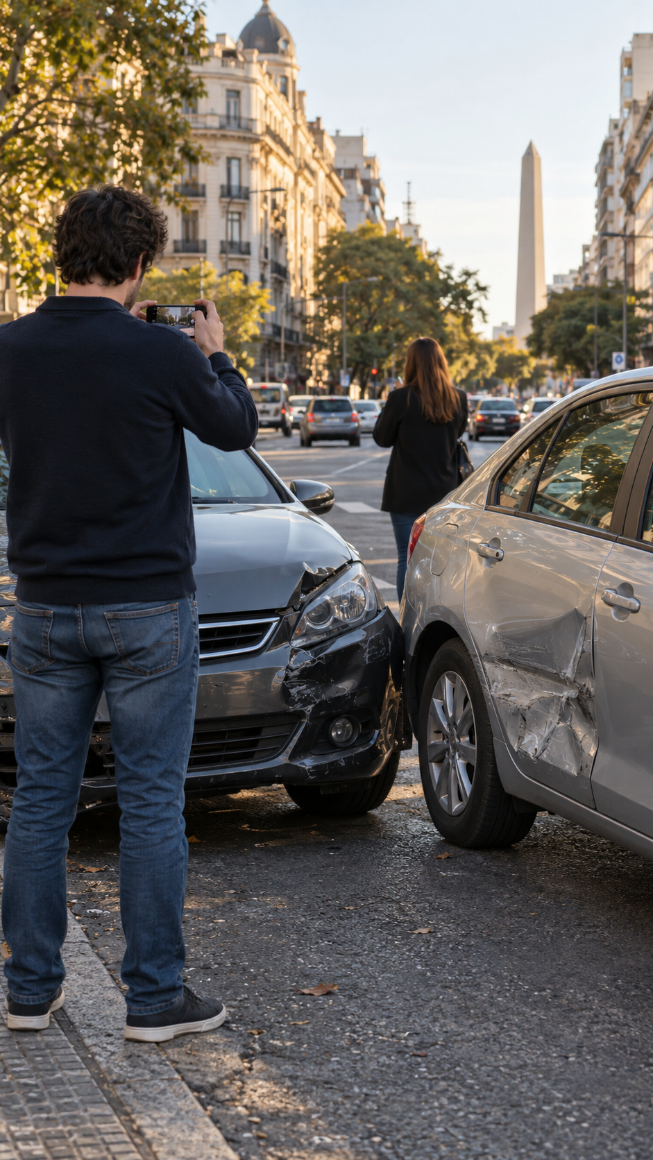 Persona registrando con su celular los daños visibles en dos vehículos luego de una colisión urbana, en una situación vinculada con la consulta a un abogado accidentes transito.
