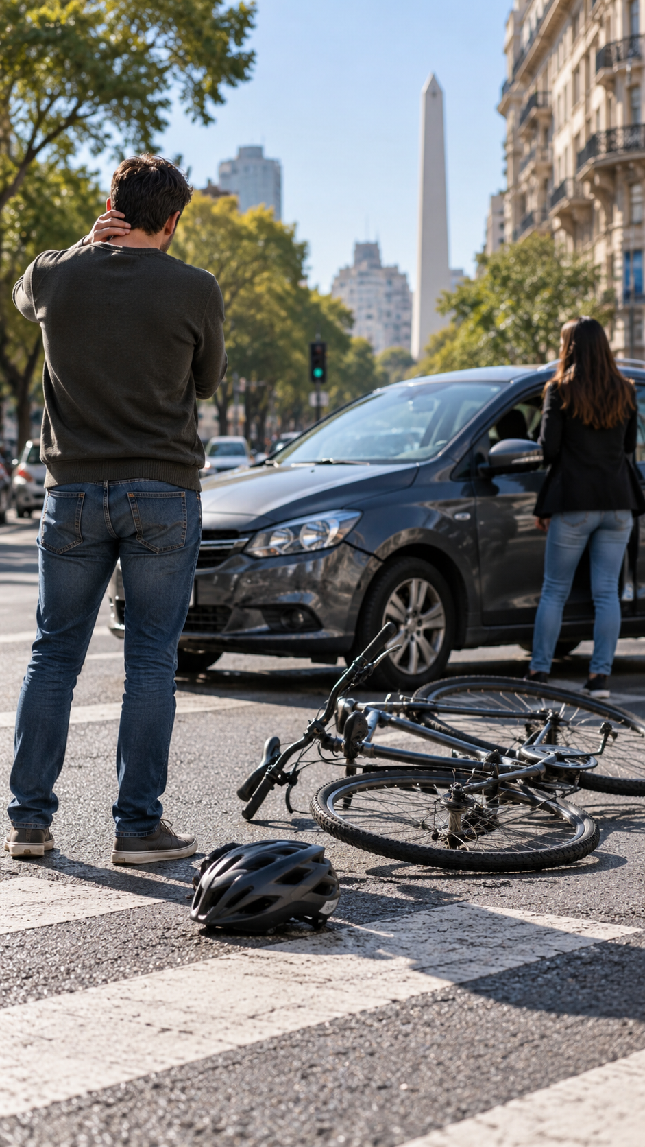 Ciclista junto a una bicicleta caída y un automóvil con daños visibles tras un siniestro vial, en una situación vinculada con la consulta a un abogado accidentes transito.