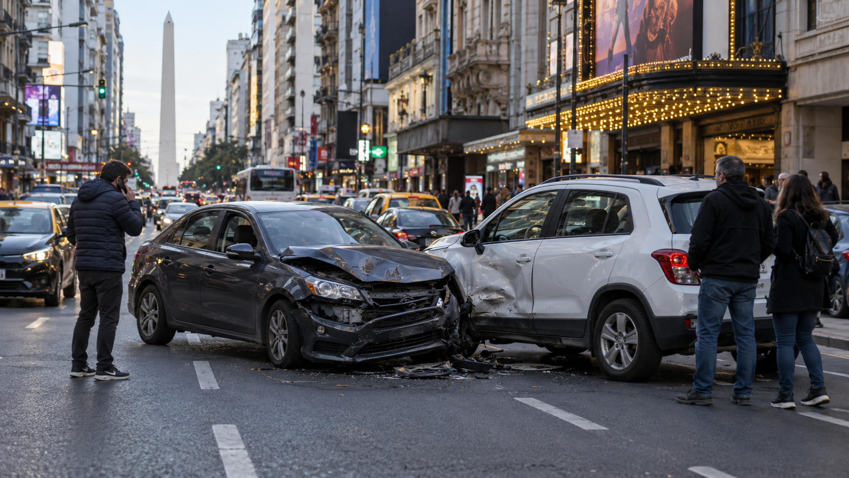 Dos vehículos con daños visibles tras una colisión en una avenida céntrica, en una situación vinculada con la consulta a un abogado accidentes transito.